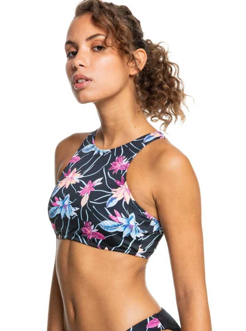 Roxy Active Crop Top Bikini Top Anthracite Floral Flow | JEHAQ-3506