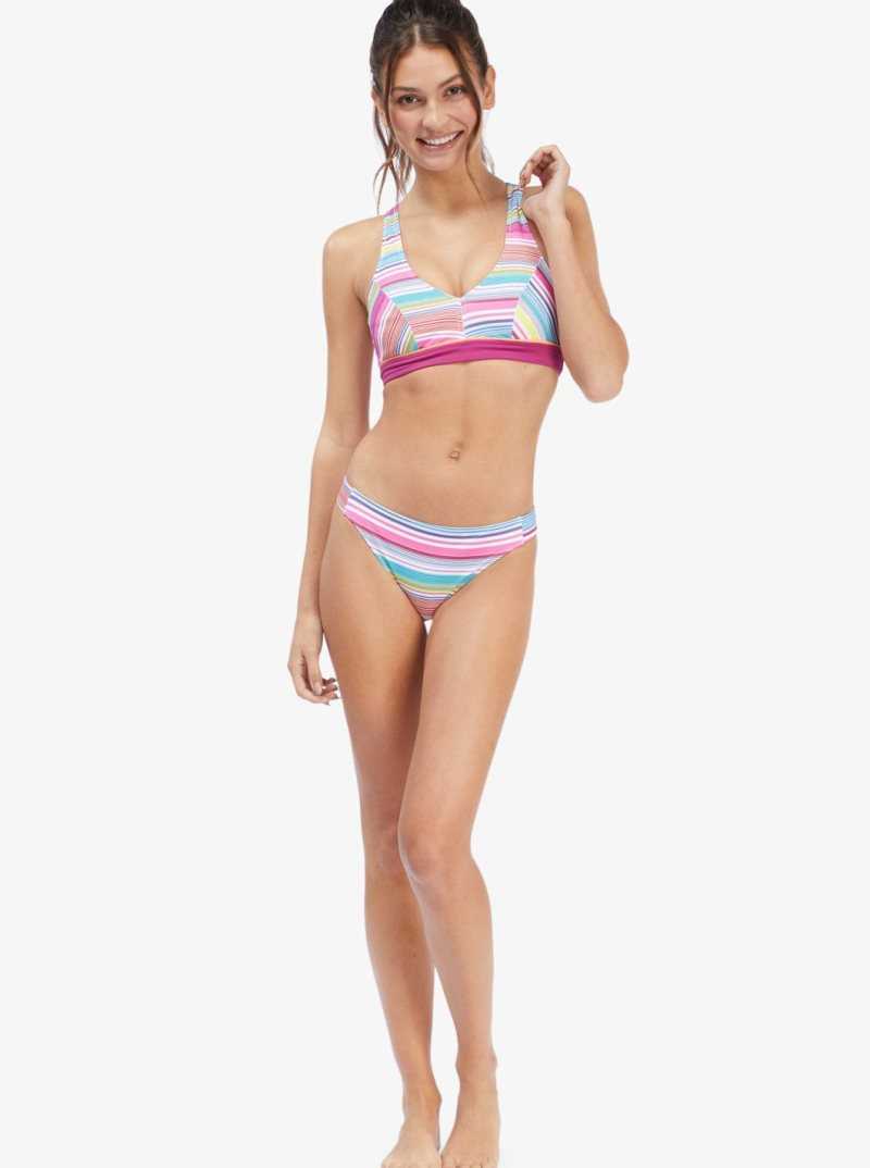 Roxy Active Halter Bikini Top Bright White Tropi Stripe | TQDEX-8197