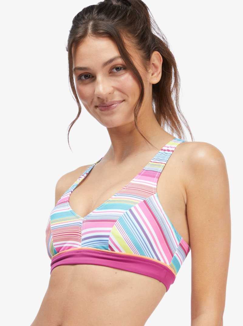 Roxy Active Halter Bikini Top Bright White Tropi Stripe | TQDEX-8197