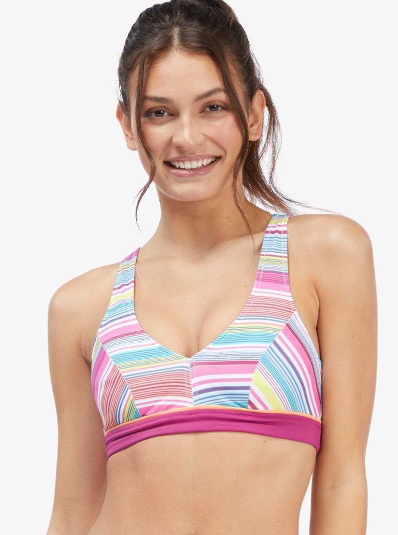 Roxy Active Halter Bikini Top Bright White Tropi Stripe | TQDEX-8197