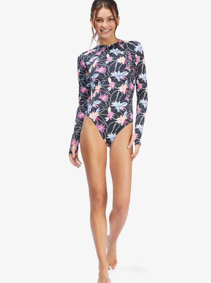 Roxy Active Long Sleeve Back Zip One Piece Rashguard Anthracite Floral Flow | LKECQ-3467