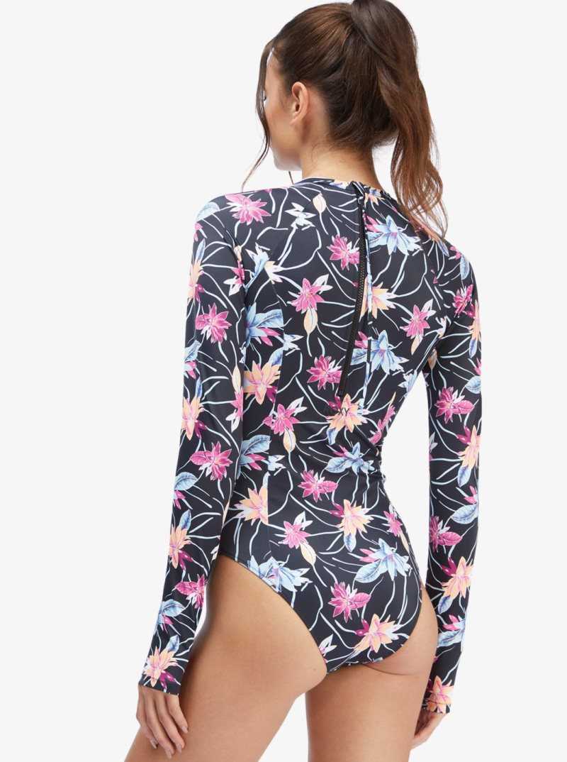 Roxy Active Long Sleeve Back Zip One Piece Rashguard Anthracite Floral Flow | LKECQ-3467