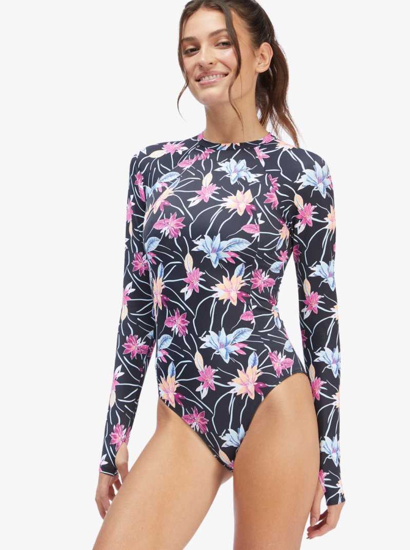 Roxy Active Long Sleeve Back Zip One Piece Rashguard Anthracite Floral Flow | LKECQ-3467