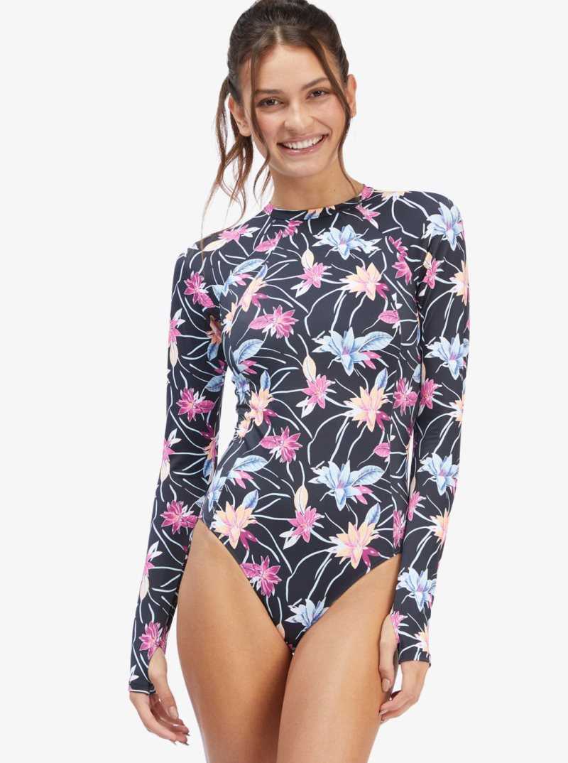 Roxy Active Long Sleeve Back Zip One Piece Rashguard Anthracite Floral Flow | LKECQ-3467