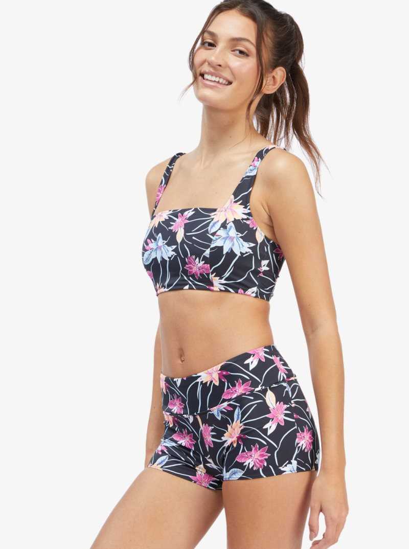 Roxy Active Tankini Sports Bra Bikini Top Anthracite Floral Flow | GICUY-5834