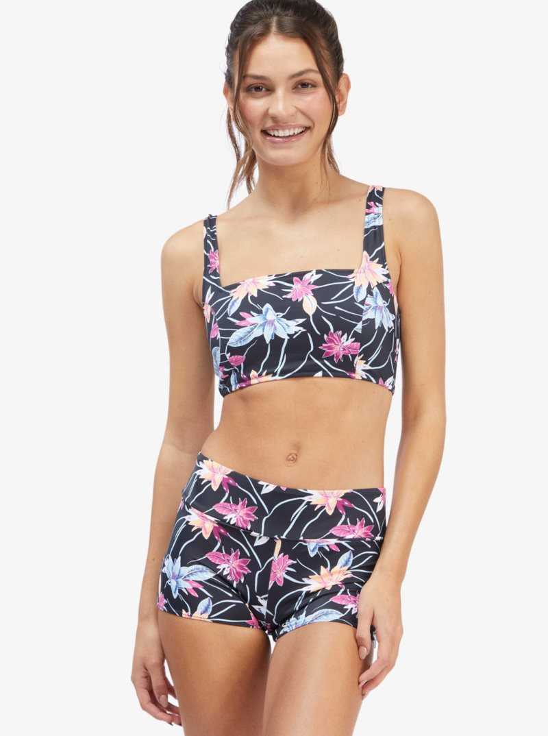 Roxy Active Tankini Sports Bra Bikini Top Anthracite Floral Flow | GICUY-5834