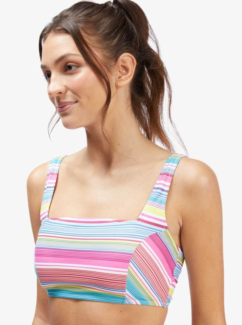 Roxy Active Tankini Sports Bra Bikini Top Bright White Tropi Stripe | HFCPZ-1269