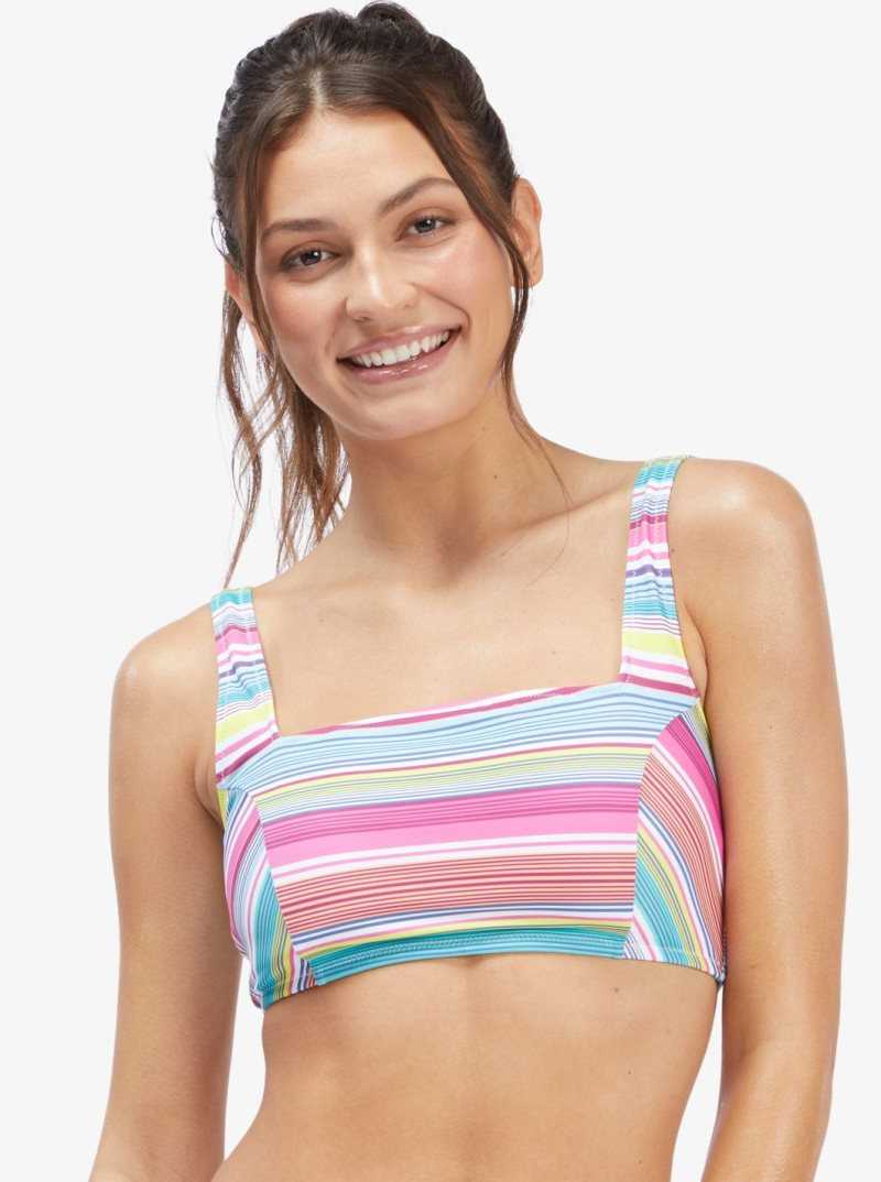 Roxy Active Tankini Sports Bra Bikini Top Bright White Tropi Stripe | HFCPZ-1269