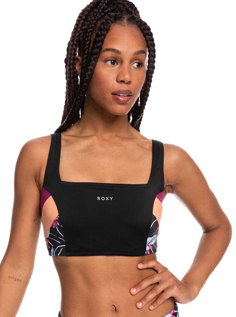 Roxy Active Tankini Sports Bra Bikini Top Anthracite Floral Flow | SHBOA-9602