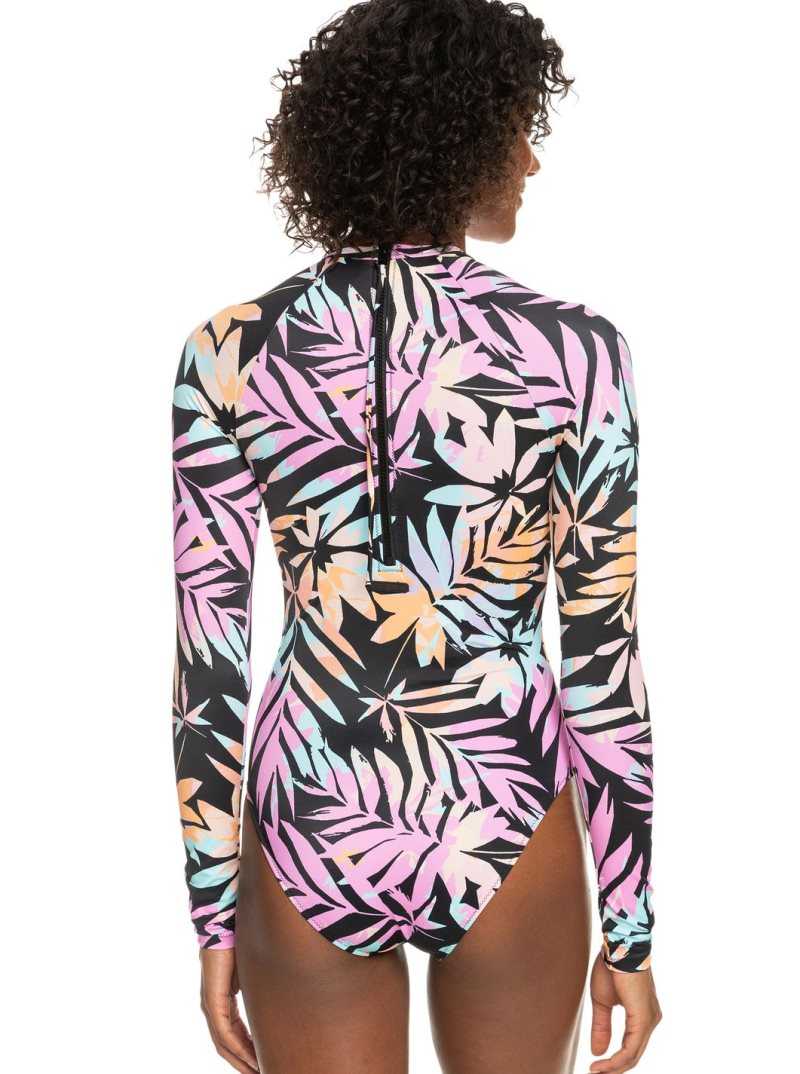 Roxy Active UPF 50 Long Sleeve Back Zip One Piece Swimsuit Anthracite Zebra Jungle | VTUIJ-9801