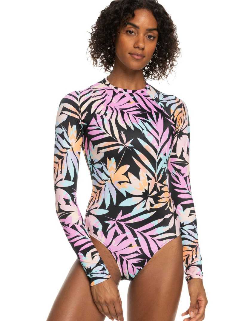 Roxy Active UPF 50 Long Sleeve Back Zip One Piece Swimsuit Anthracite Zebra Jungle | VTUIJ-9801