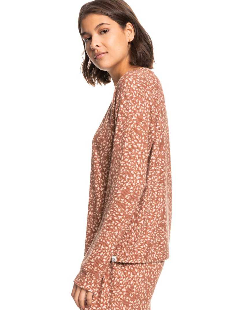 Roxy Anchors Away Printed Rib Long Sleeve Top Rustic Brown Animalia Dots | AWEQM-5670