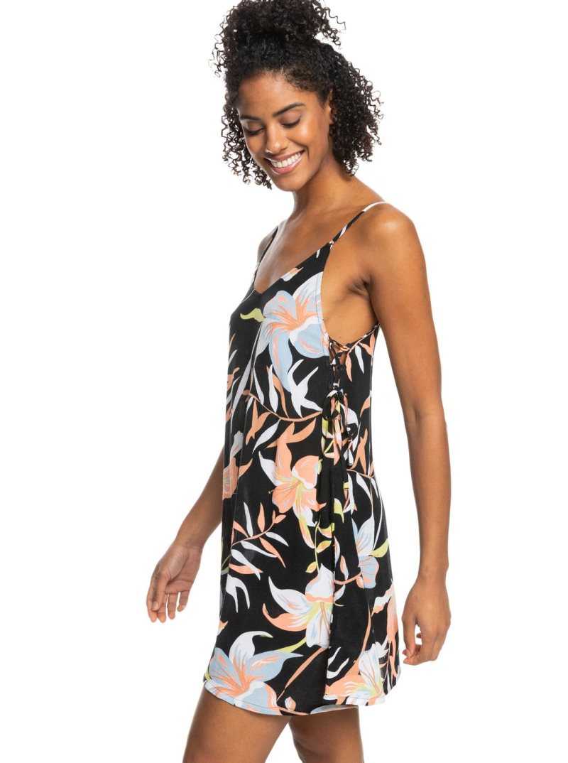 Roxy Beachy Vibes Printed Beach Cover-Up Dress Anthracite Hibiscus Wave Swim | FWGNX-8079