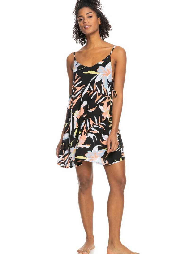 Roxy Beachy Vibes Printed Beach Cover-Up Dress Anthracite Hibiscus Wave Swim | FWGNX-8079