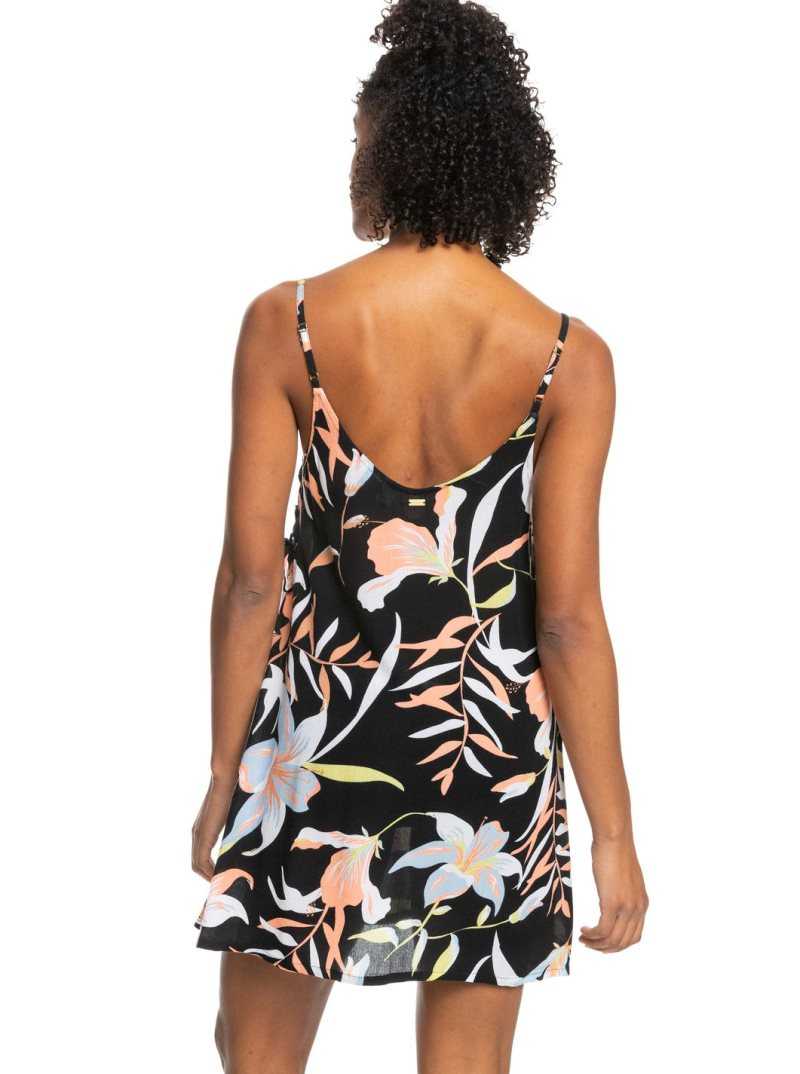 Roxy Beachy Vibes Printed Beach Cover-Up Dress Anthracite Hibiscus Wave Swim | FWGNX-8079