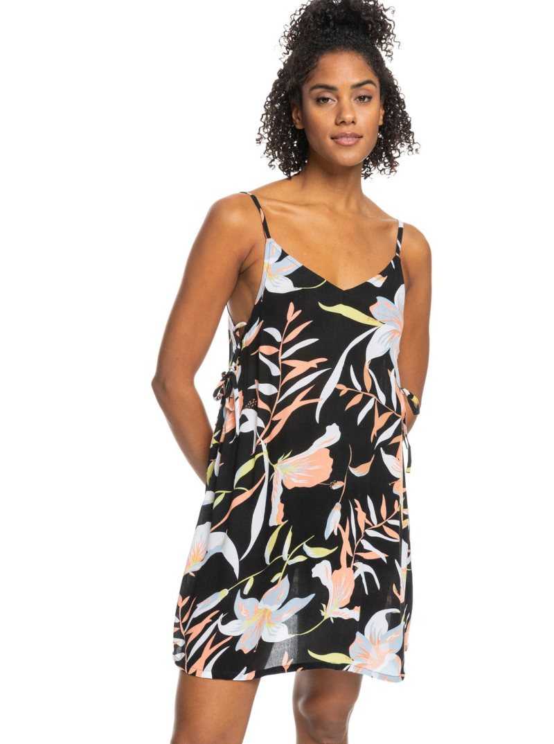 Roxy Beachy Vibes Printed Beach Cover-Up Dress Anthracite Hibiscus Wave Swim | FWGNX-8079