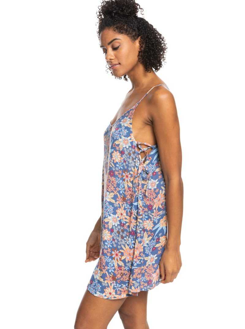 Roxy Beachy Vibes Printed Beach Cover-Up Dress Bijou Blue New Tropics Ditsy | RSKMZ-4791