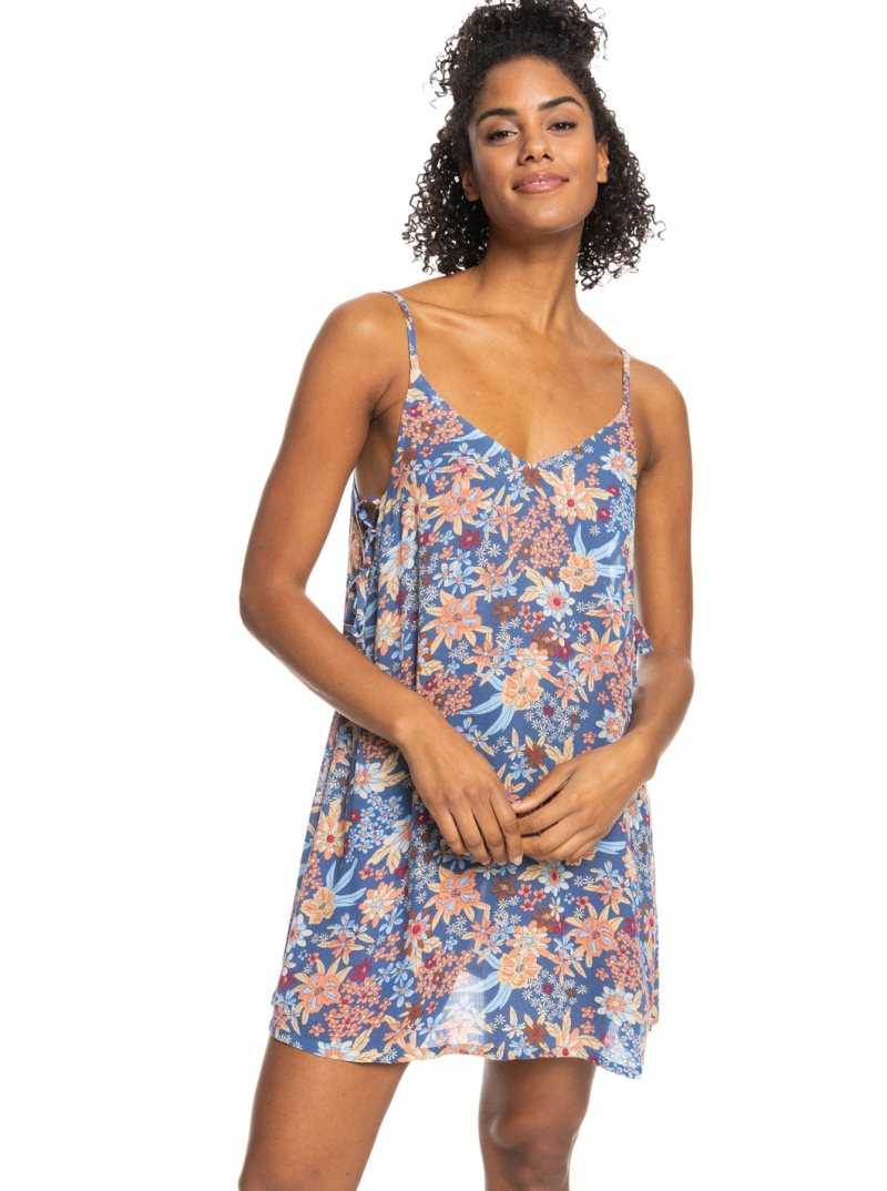 Roxy Beachy Vibes Printed Beach Cover-Up Dress Bijou Blue New Tropics Ditsy | RSKMZ-4791