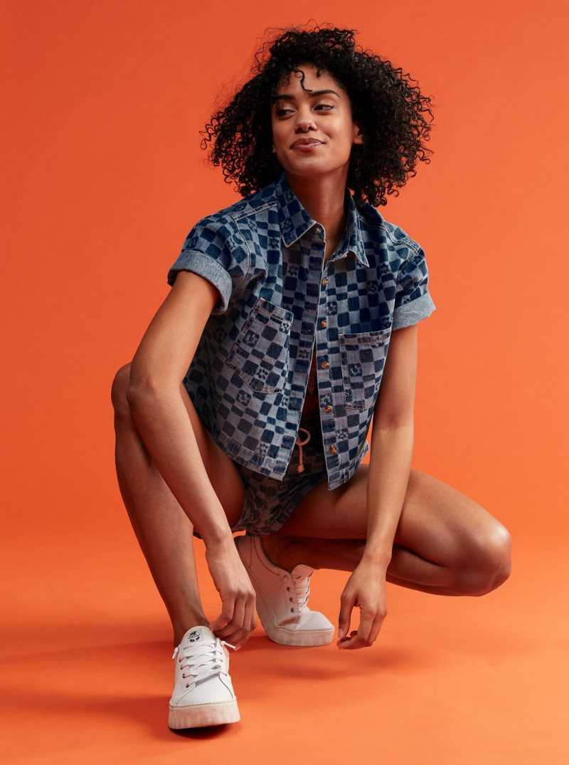 Roxy Blue Wave Club Printed Short Sleeve Denim Shirt Mood Indigo Sol Power | BESID-5036