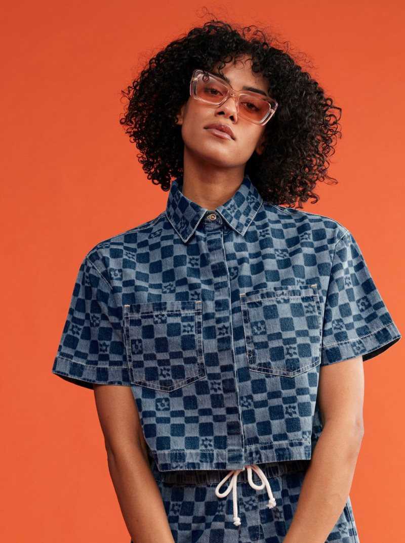 Roxy Blue Wave Club Printed Short Sleeve Denim Shirt Mood Indigo Sol Power | BESID-5036