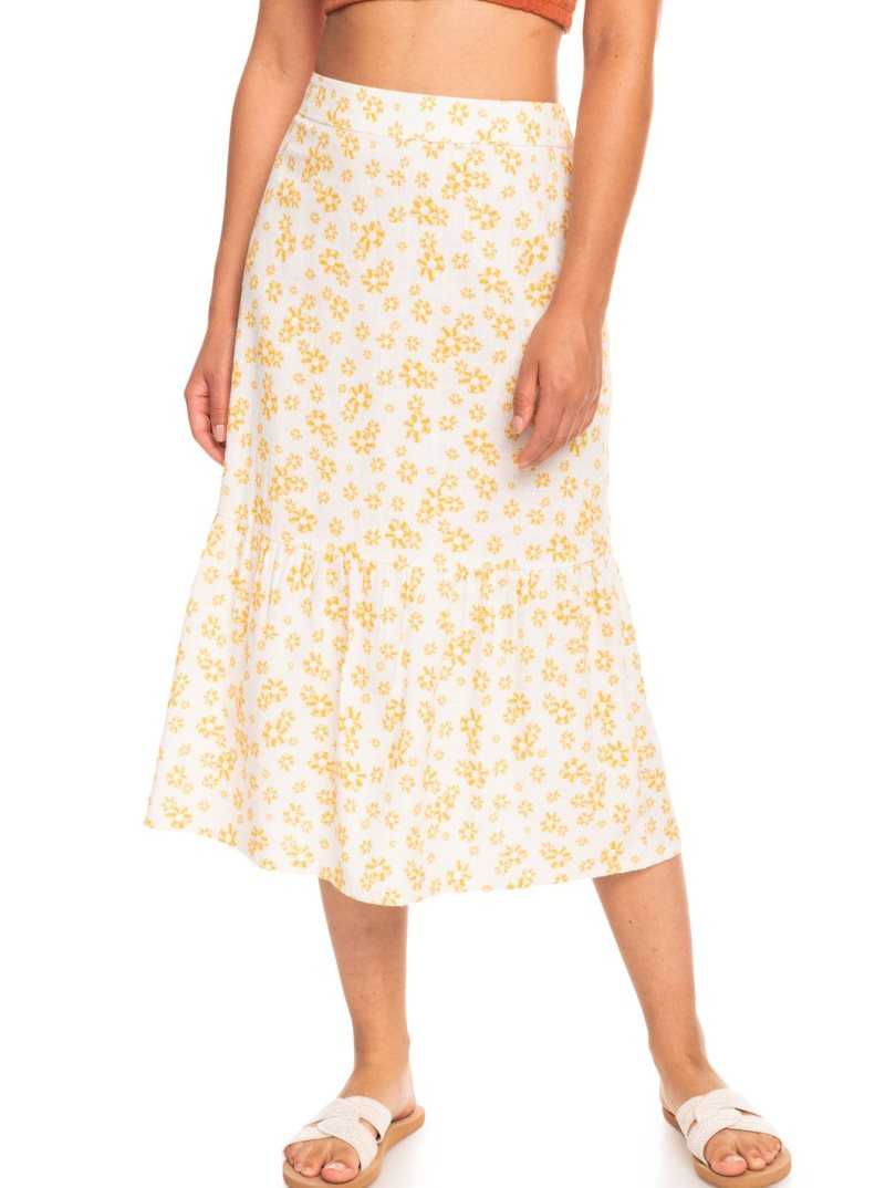 Roxy Burnin Love Again Midi Skirt Snow White Mini Flower Ditsy | YZINE-7256