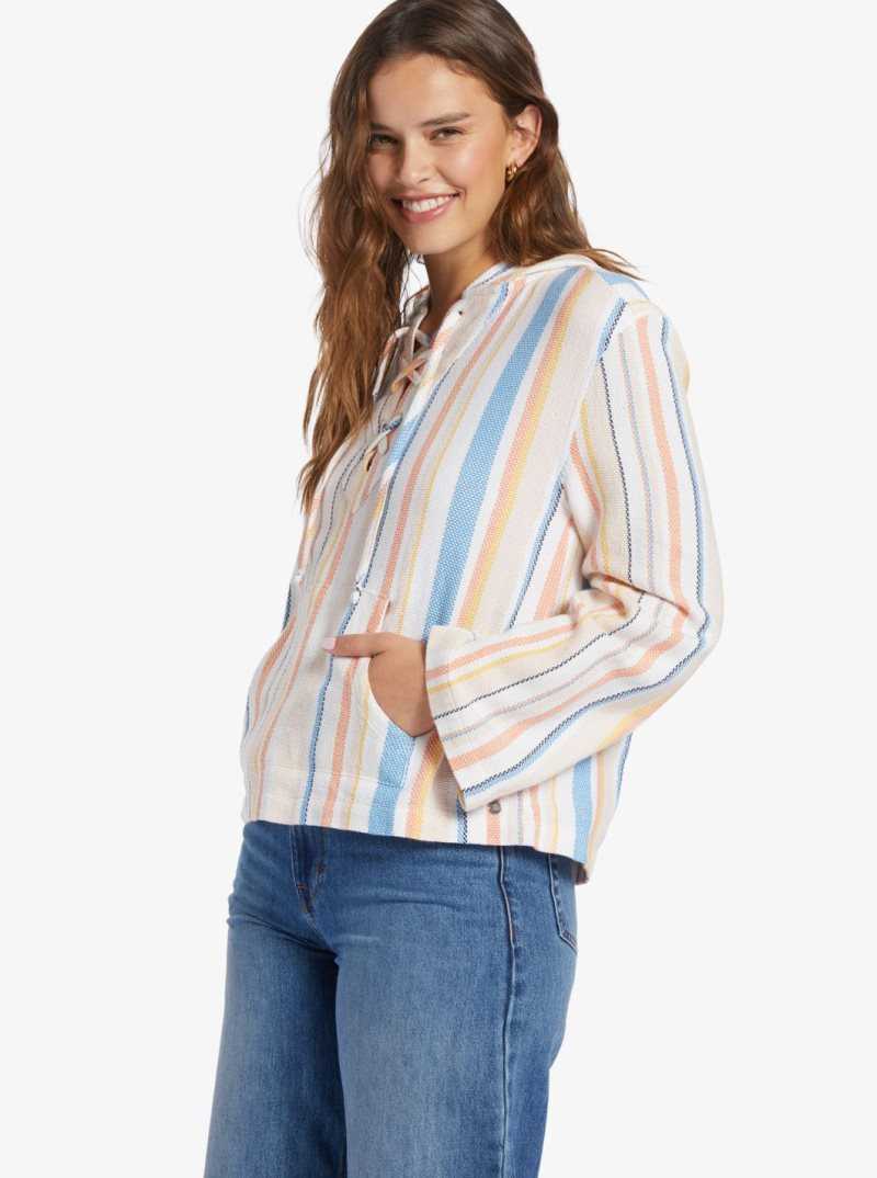 Roxy Cabo Trip Hooded Poncho Snow White Shoreside Stripe | JFCBL-6758