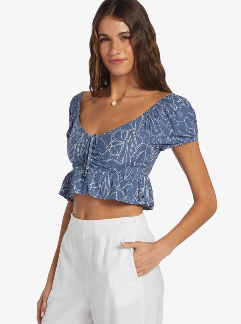 Roxy Clearwater Cove Short Length Short Sleeve Top Bijou Bue Linear Floral | FHTRW-1520