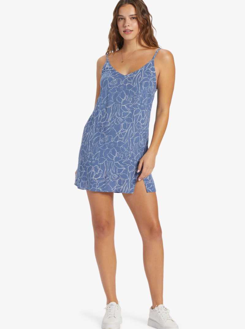 Roxy Daytrip Mini V-neck Slip Dress Bijou Bue Linear Floral | GQIZS-1068