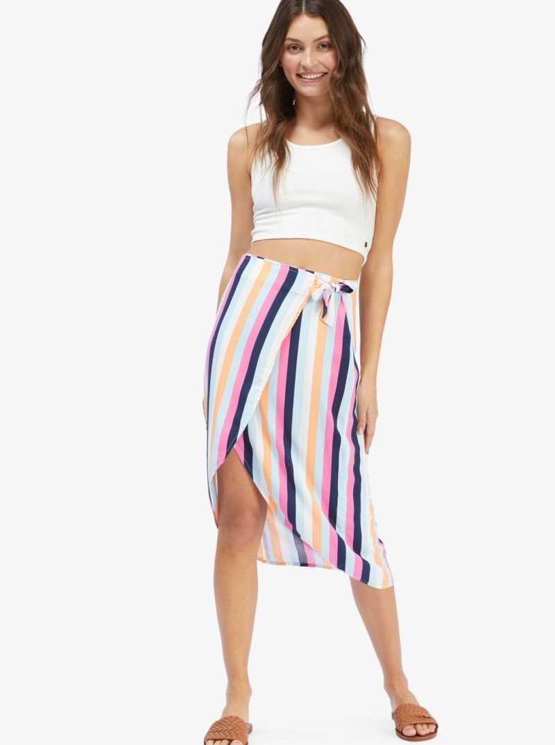 Roxy Destiny Waits Midi Wrap Skirt Cool Blue Throwback Stripe | VOHST-8930