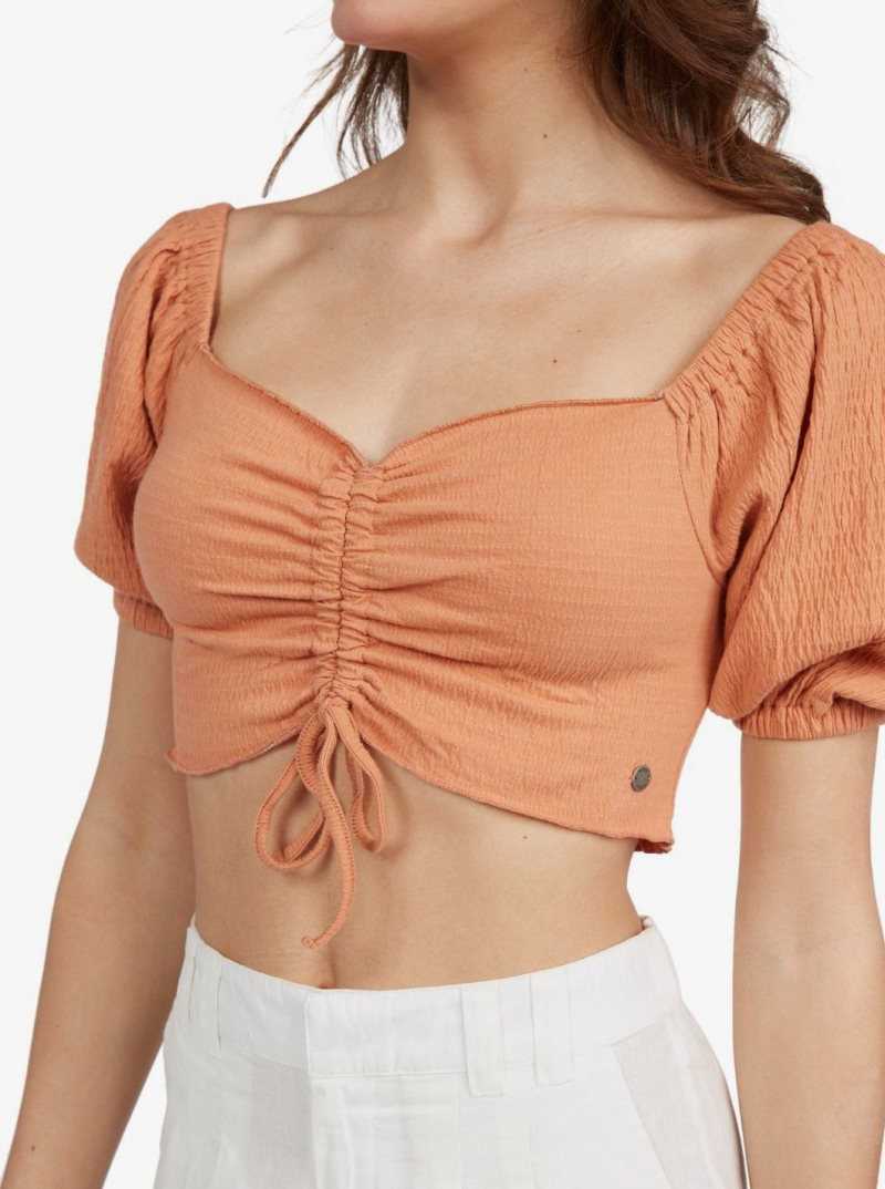 Roxy Flirty Walk Cropped Puff Sleeve Top Toasted Nut | MXUJH-2801