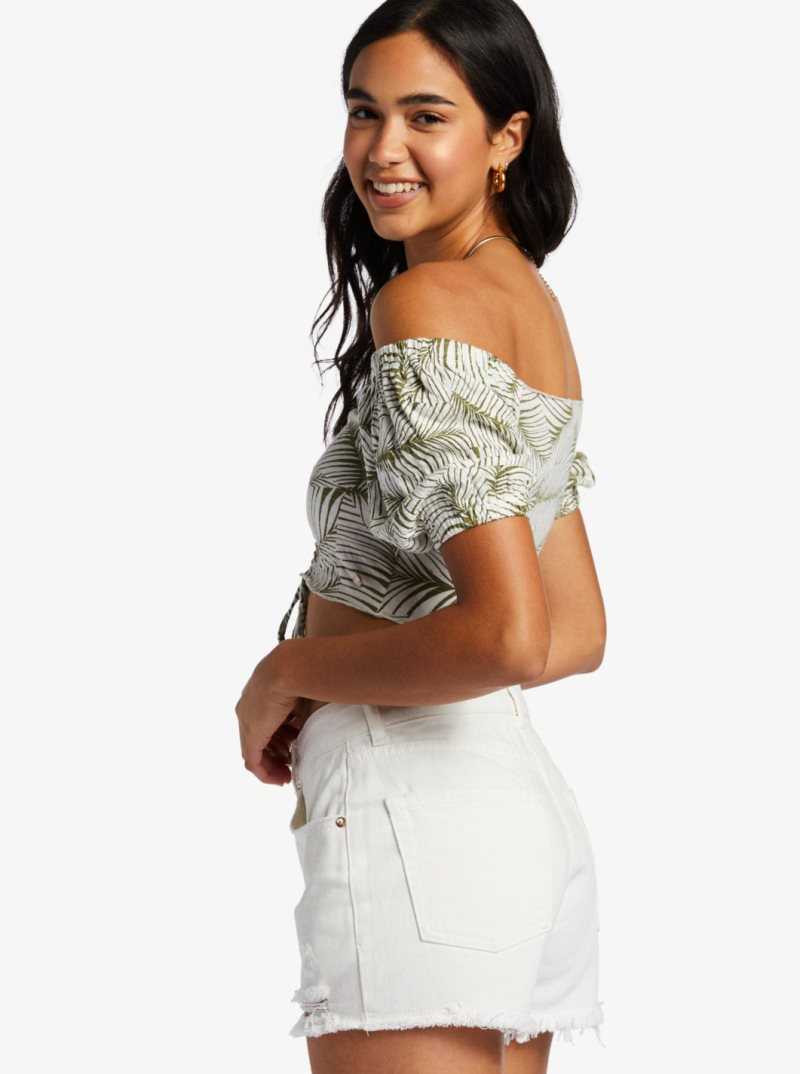 Roxy Flirty Walk Printed Ruched Cropped Top With Puff Sleeves Palm Tree Dreams | HBSGC-8623