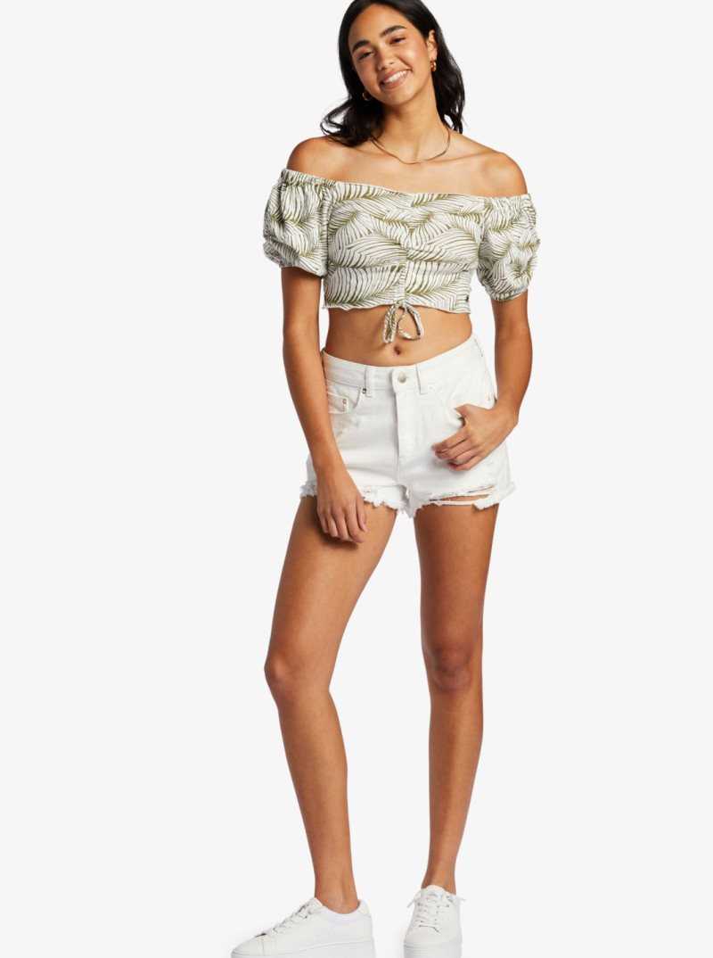 Roxy Flirty Walk Printed Ruched Cropped Top With Puff Sleeves Palm Tree Dreams | HBSGC-8623