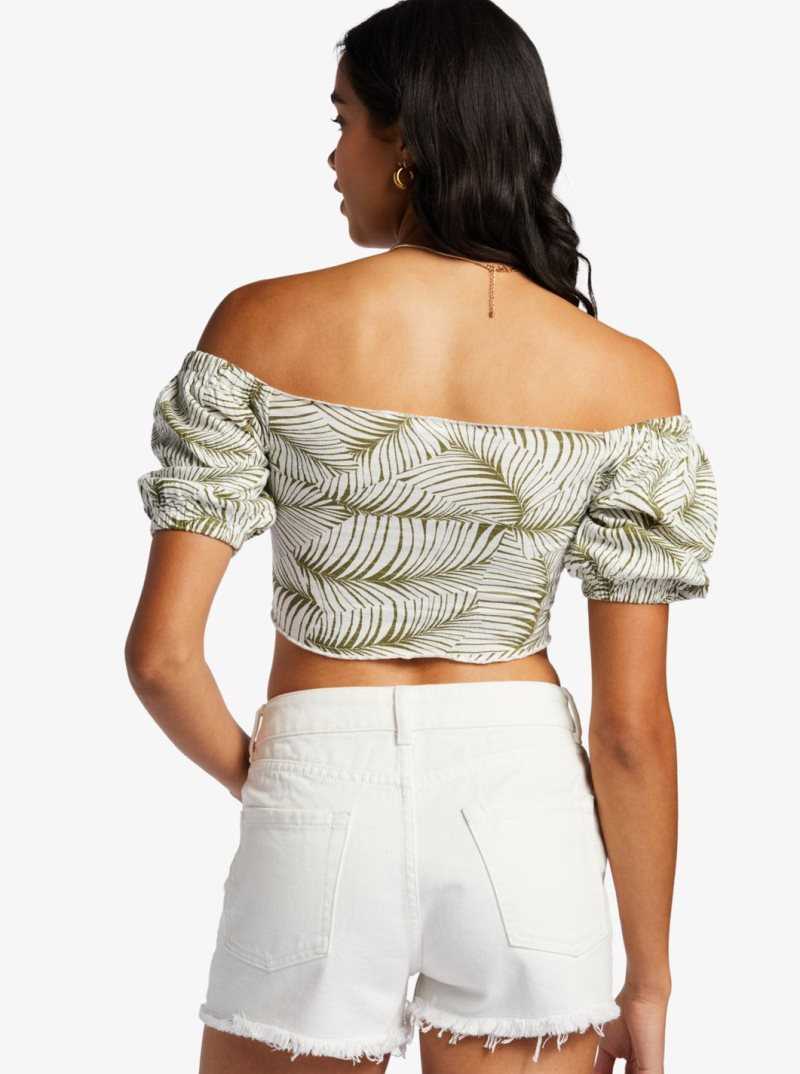 Roxy Flirty Walk Printed Ruched Cropped Top With Puff Sleeves Palm Tree Dreams | HBSGC-8623