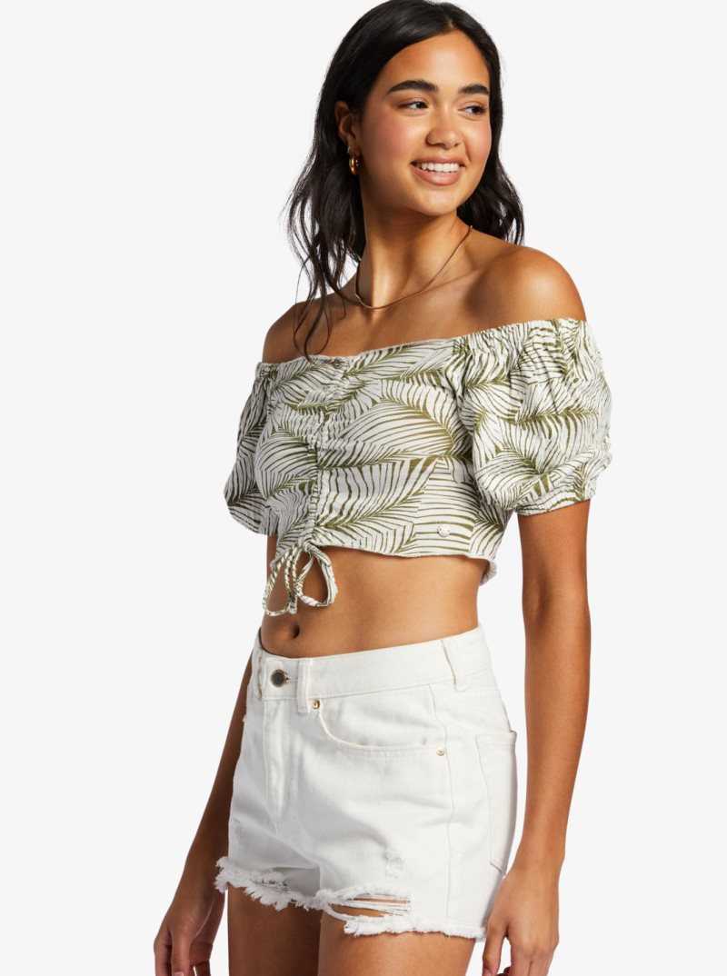 Roxy Flirty Walk Printed Ruched Cropped Top With Puff Sleeves Palm Tree Dreams | HBSGC-8623