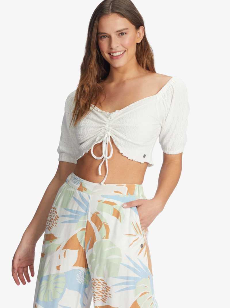 Roxy Flirty Walk Puff Sleeve Crop Top Snow White | TEOZP-9531