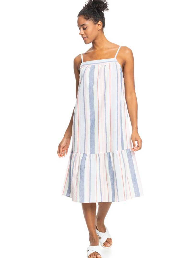 Roxy Glorious Sunshine Strappy Midi Dress Snow White The Line Up Stripe | DXZCU-0864