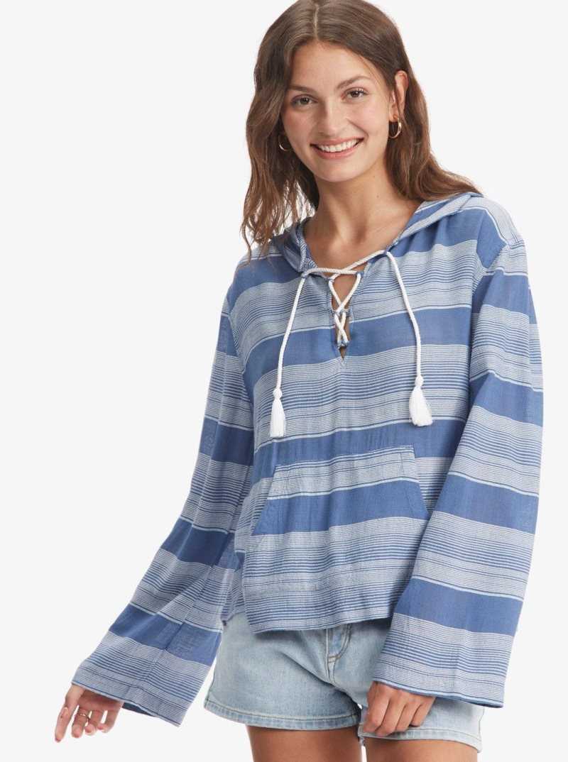 Roxy Head On Over Poncho Hoodie Bijou Blue Horizon Stripe | OVISM-0839