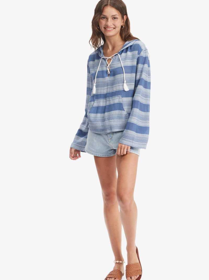 Roxy Head On Over Poncho Hoodie Bijou Blue Horizon Stripe | OVISM-0839