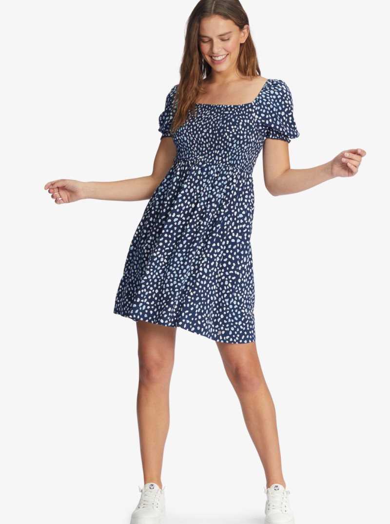 Roxy Hello Petal Mini Long Sleeve Dress Mood Indigo Wild Dots | ZMLPN-6843