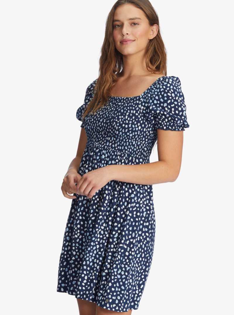 Roxy Hello Petal Mini Long Sleeve Dress Mood Indigo Wild Dots | ZMLPN-6843