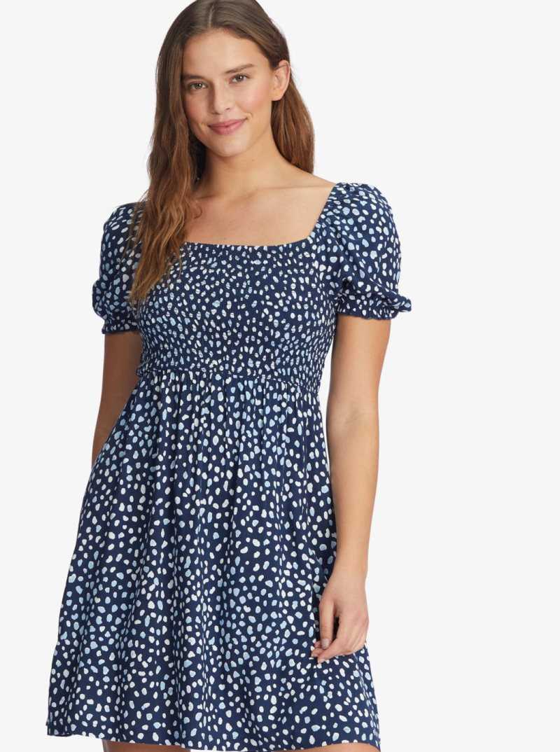 Roxy Hello Petal Mini Long Sleeve Dress Mood Indigo Wild Dots | ZMLPN-6843