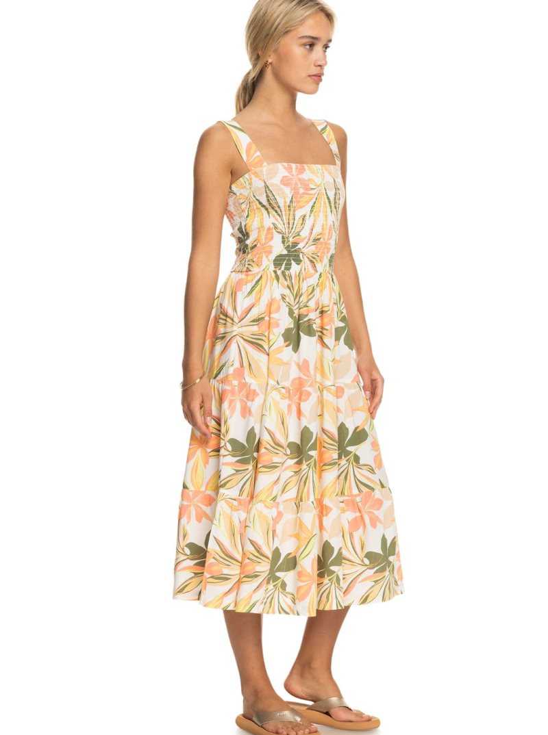 Roxy Honeymoon Avenue Printed Midi Dress Snow White Subtly Salty Multic | CRHMS-2789