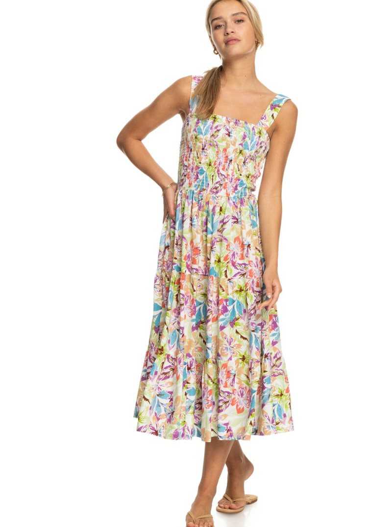 Roxy Honeymoon Avenue Printed Midi Dress Snow White Pualani Combo | NZHLG-6217