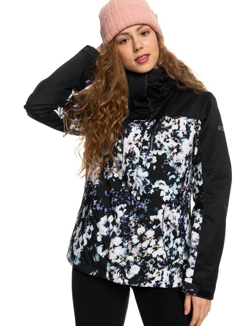 Roxy Jetty Block Insulated Snow Jacket True Black Black Flowers | OLEGY-3941