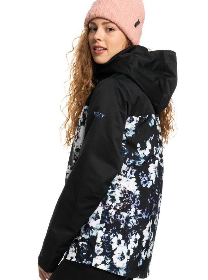 Roxy Jetty Block Insulated Snow Jacket True Black Black Flowers | OLEGY-3941