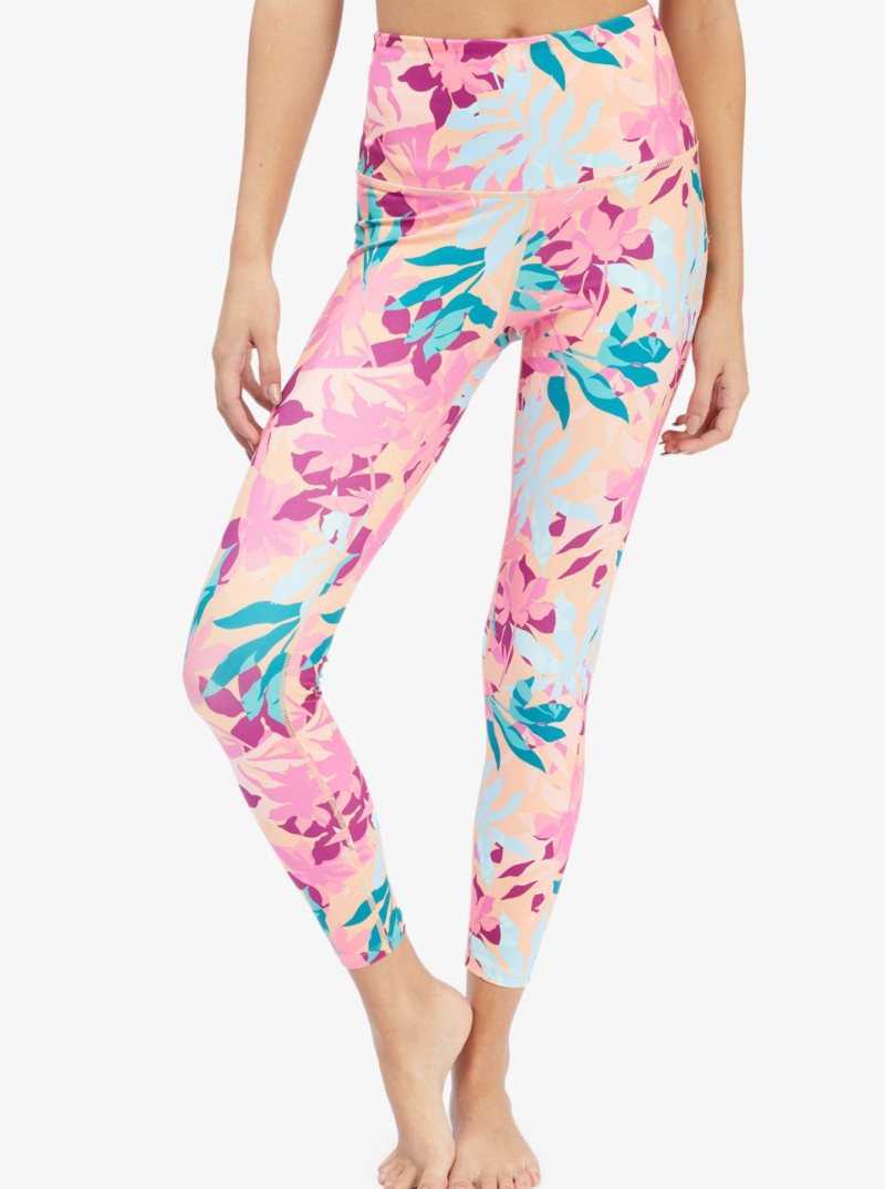 Roxy Kaileo High Waisted Ankle Length Workout Leggings Cantaloupe Tropi Palm | EYTBN-3127