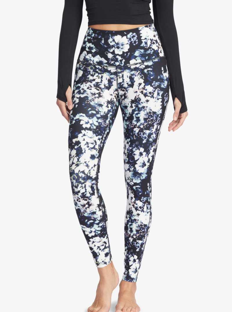 Roxy Kaileo High Waisted Workout Leggings True Black Black Flowers | WUSZP-6257