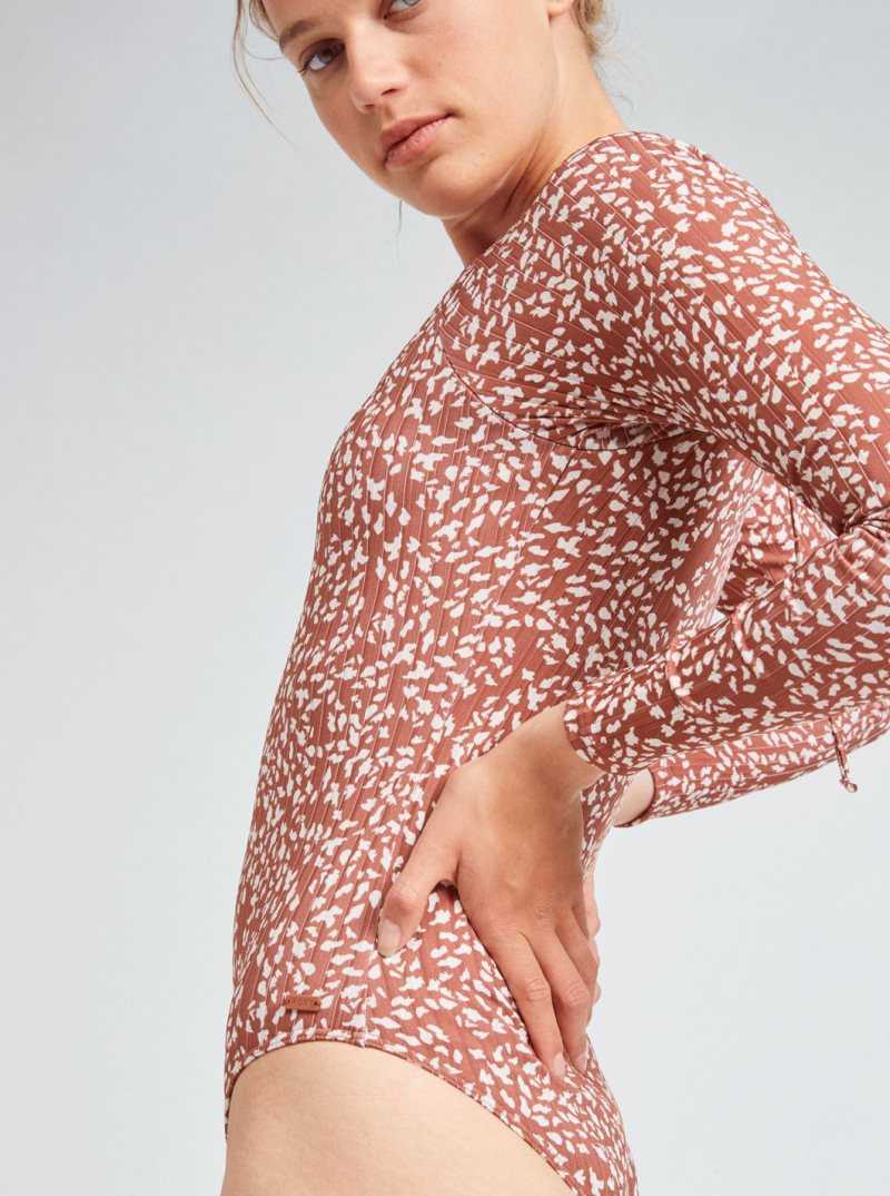 Roxy Love Printed Long Sleeve UPF 50 Swimsuit Rustic Brown Animalia Dots | NDJOT-8564