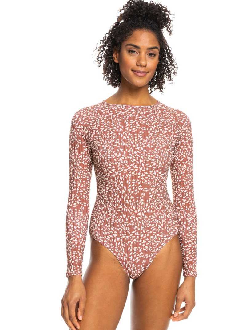 Roxy Love Printed Long Sleeve UPF 50 Swimsuit Rustic Brown Animalia Dots | NDJOT-8564