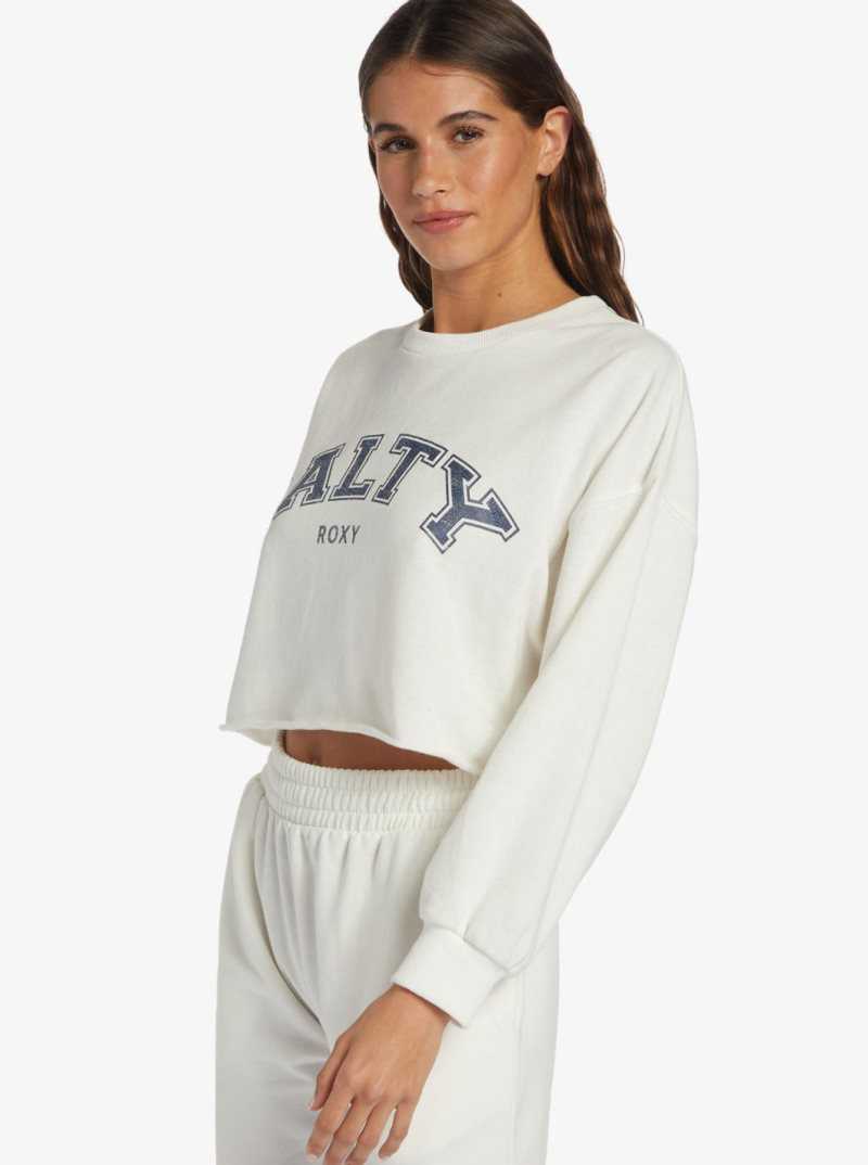 Roxy Morning Hike Crop D Crew Neck Sweatshirt Snow White | OQFHW-0548